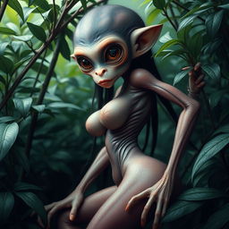 A strangely beautiful alien girl of an extraterrestrial species, resembling a monkey with an agile physique