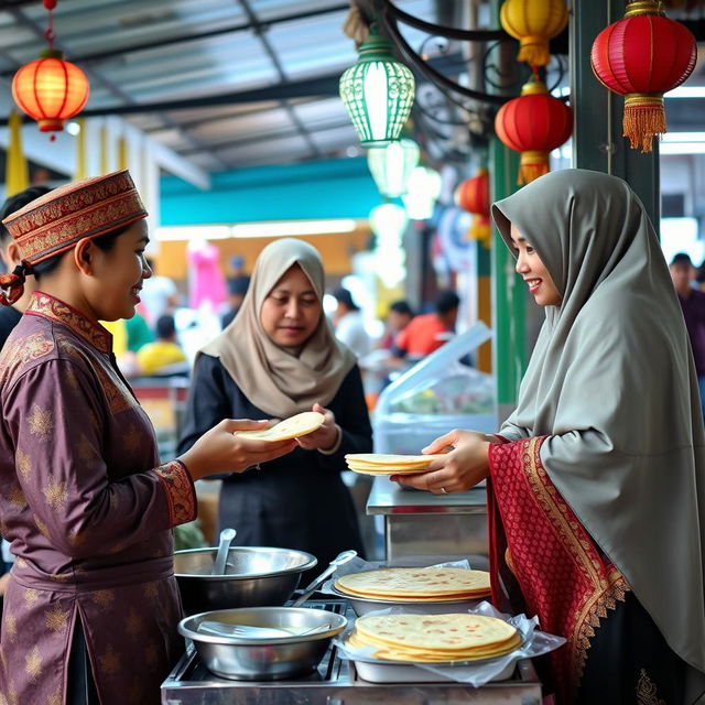 A vibrant scene at a roti canai stall (Warung Roti Canai) run by siblings (adik beradik)