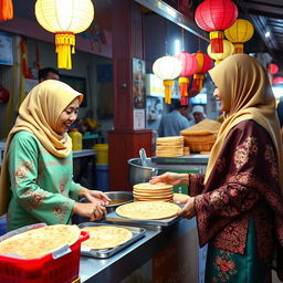 A vibrant scene at a roti canai stall (Warung Roti Canai) run by siblings (adik beradik)