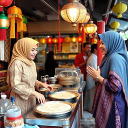A vibrant scene at a roti canai stall (Warung Roti Canai) run by siblings (adik beradik)