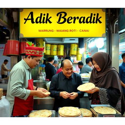 A lively scene at a roti canai stall (Warung Roti Canai) featuring a prominent signboard that says 'Adik Beradik'