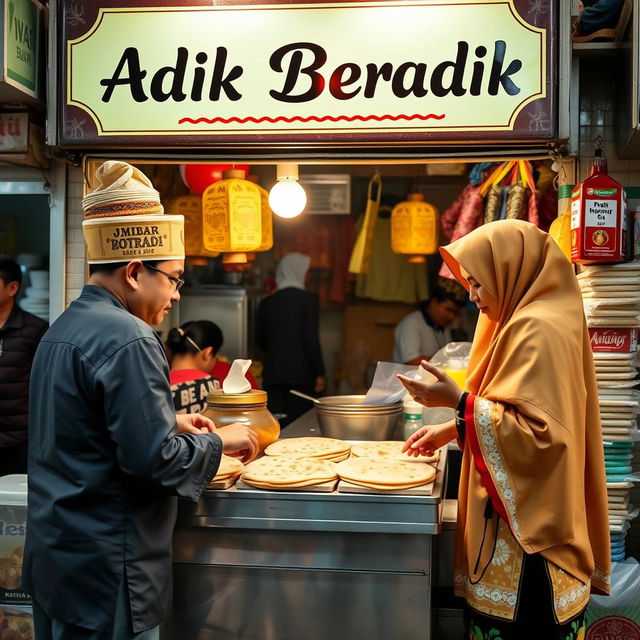 A lively scene at a roti canai stall (Warung Roti Canai) featuring a prominent signboard that says 'Adik Beradik'