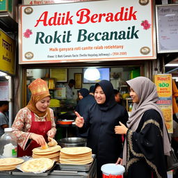 A lively scene at a roti canai stall (Warung Roti Canai) featuring a prominent signboard that says 'Adik Beradik'