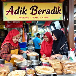 A lively scene at a roti canai stall (Warung Roti Canai) featuring a prominent signboard that says 'Adik Beradik'