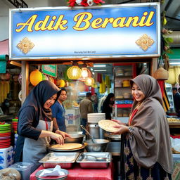 A picturesque scene at a roti canai stall (Warung Roti Canai) featuring a prominent signboard that reads 'Adik Beradik'