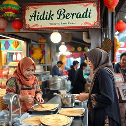 A picturesque scene at a roti canai stall (Warung Roti Canai) featuring a prominent signboard that reads 'Adik Beradik'