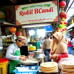 A picturesque scene at a roti canai stall (Warung Roti Canai) featuring a prominent signboard that reads 'Adik Beradik'