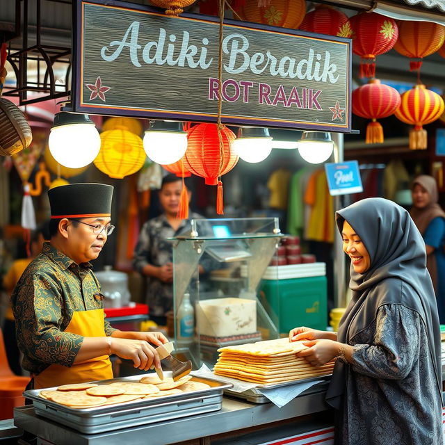 A picturesque scene at a roti canai stall (Warung Roti Canai) featuring a prominent signboard that reads 'Adik Beradik'