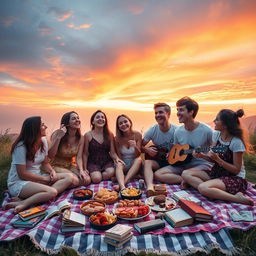 A group of 9 friends, 6 girls and 3 boys, joyfully enjoying a dreamy sunset together