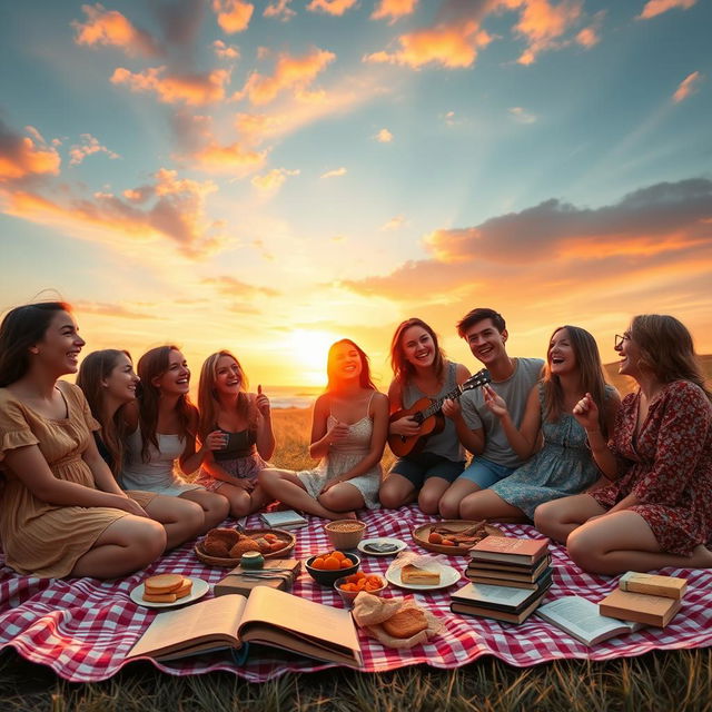 A group of 9 friends, 6 girls and 3 boys, joyfully enjoying a dreamy sunset together