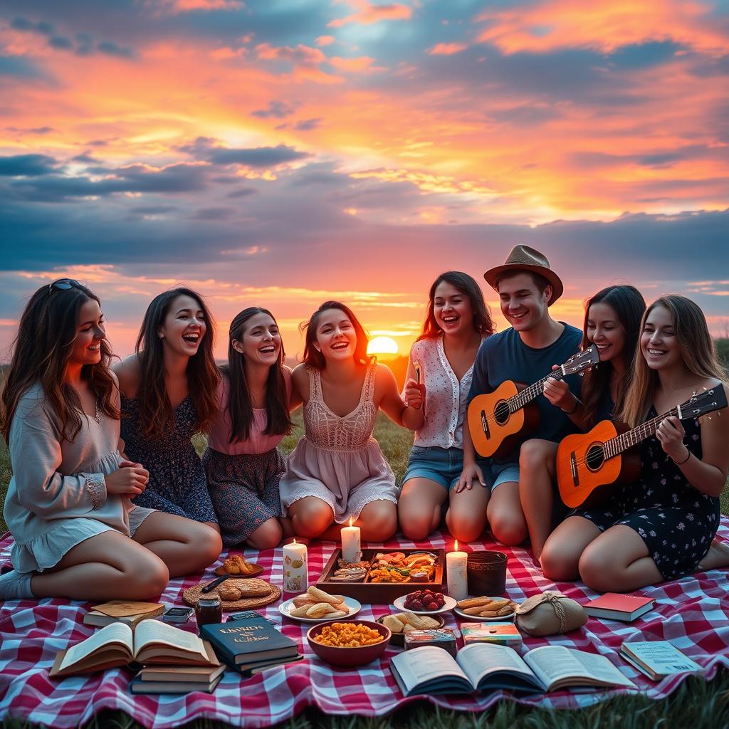 A group of 9 friends, 6 girls and 3 boys, joyfully enjoying a dreamy sunset together