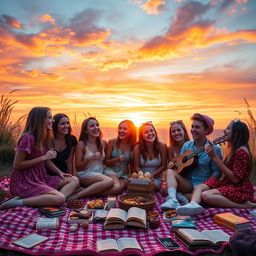 A group of 9 friends, 6 girls and 3 boys, joyfully enjoying a dreamy sunset together