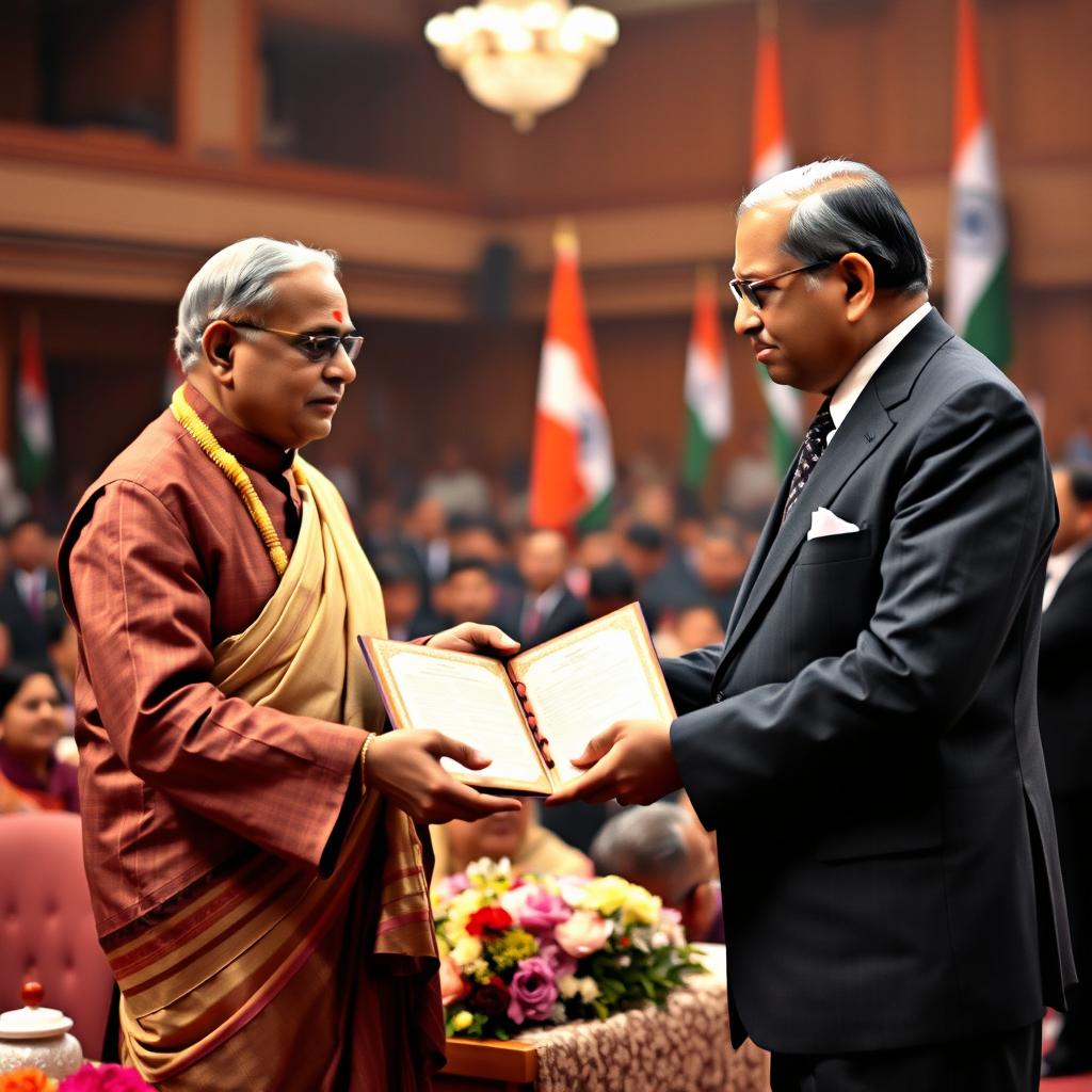 A historical moment capturing Rajendra Prasad presenting the Indian Constitution to Dr