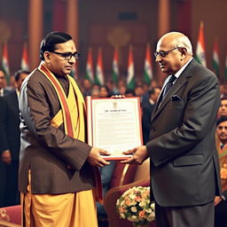 A historical moment capturing Rajendra Prasad presenting the Indian Constitution to Dr