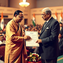 A historical moment capturing Rajendra Prasad presenting the Indian Constitution to Dr