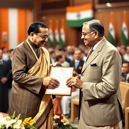 A historical moment capturing Rajendra Prasad presenting the Indian Constitution to Dr
