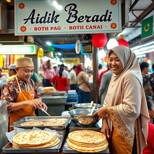 A bustling scene at a roti canai stall (Warung Roti Canai) with a clear signboard that reads 'Adik Beradik'