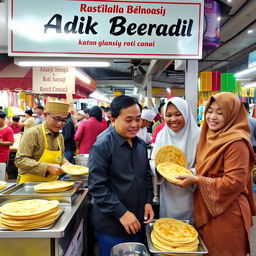 A bustling scene at a roti canai stall (Warung Roti Canai) with a clear signboard that reads 'Adik Beradik'