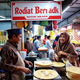 A bustling scene at a roti canai stall (Warung Roti Canai) with a clear signboard that reads 'Adik Beradik'