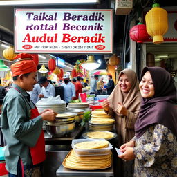 A bustling scene at a roti canai stall (Warung Roti Canai) with a clear signboard that reads 'Adik Beradik'
