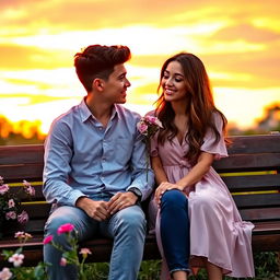A romantic scene where a young couple sits on a park bench at sunset, the sky ablaze with shades of orange, pink, and purple