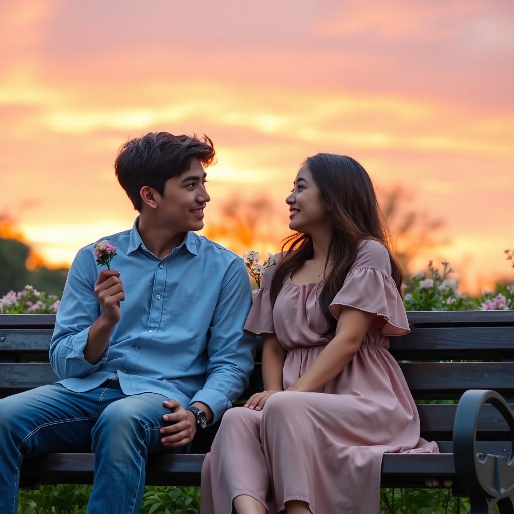 A romantic scene where a young couple sits on a park bench at sunset, the sky ablaze with shades of orange, pink, and purple