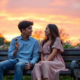 A romantic scene where a young couple sits on a park bench at sunset, the sky ablaze with shades of orange, pink, and purple