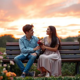 A romantic scene where a young couple sits on a park bench at sunset, the sky ablaze with shades of orange, pink, and purple