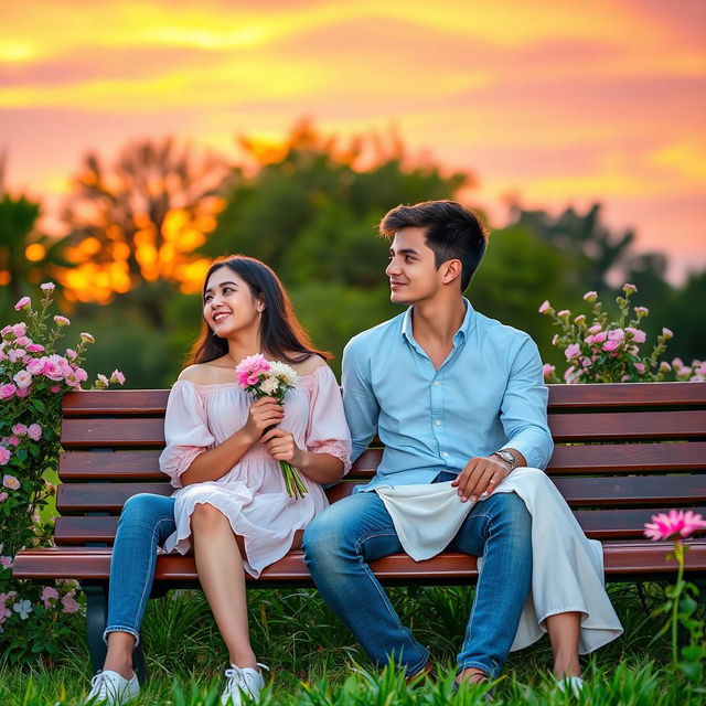 A romantic scene where a young couple sits on a park bench at sunset, the sky ablaze with shades of orange, pink, and purple