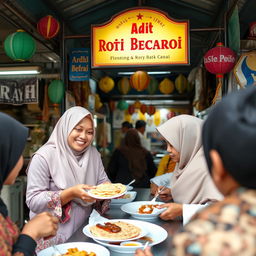 A charming scene at a roti canai stall (Warung Roti Canai) featuring a clear signboard that reads 'Adik Beradik'