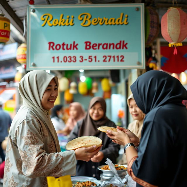 A charming scene at a roti canai stall (Warung Roti Canai) featuring a clear signboard that reads 'Adik Beradik'