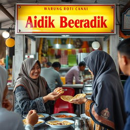 A charming scene at a roti canai stall (Warung Roti Canai) featuring a clear signboard that reads 'Adik Beradik'