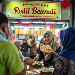 A charming scene at a roti canai stall (Warung Roti Canai) featuring a clear signboard that reads 'Adik Beradik'