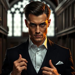 Ethan, a man of average height with an elegant and discreet demeanor, moves with smooth, calculated gestures that exude an aura of mystery and control