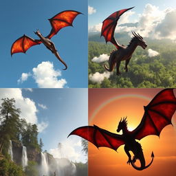 A four-view angle composition showcasing a magnificent dragon flying above a lush green forest