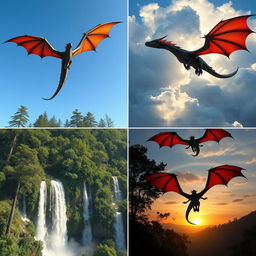 A four-view angle composition showcasing a magnificent dragon flying above a lush green forest