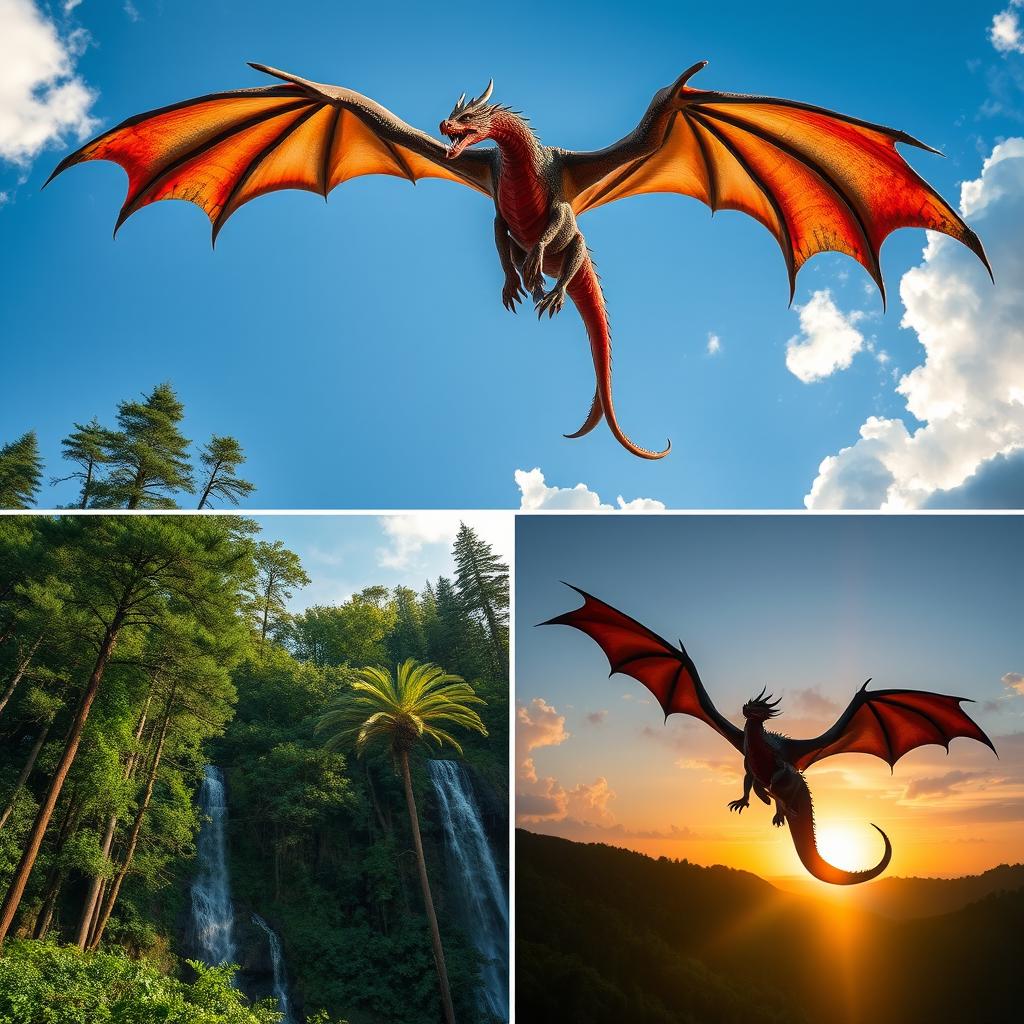 A four-view angle composition showcasing a magnificent dragon flying above a lush green forest