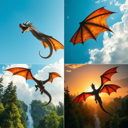 A four-view angle composition showcasing a magnificent dragon flying above a lush green forest