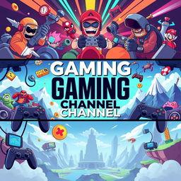 A vibrant and engaging YouTube channel banner dedicated to gaming, featuring dynamic illustrations of popular video game characters and elements like controllers, pixel art, and spectacular landscapes from various game worlds