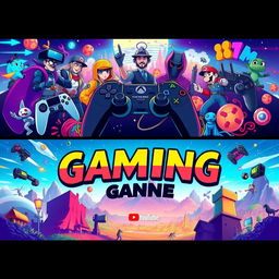 A vibrant and engaging YouTube channel banner dedicated to gaming, featuring dynamic illustrations of popular video game characters and elements like controllers, pixel art, and spectacular landscapes from various game worlds
