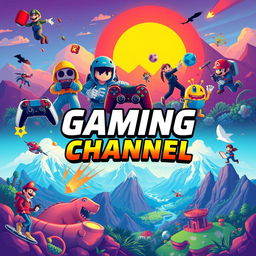 A vibrant and engaging YouTube channel banner dedicated to gaming, featuring dynamic illustrations of popular video game characters and elements like controllers, pixel art, and spectacular landscapes from various game worlds