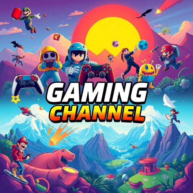 A vibrant and engaging YouTube channel banner dedicated to gaming, featuring dynamic illustrations of popular video game characters and elements like controllers, pixel art, and spectacular landscapes from various game worlds