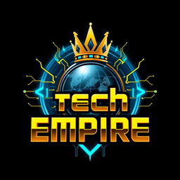 A futuristic, tech-inspired logo for 'Future Tech Empire' that conveys innovation, dominance, and a forward-thinking approach