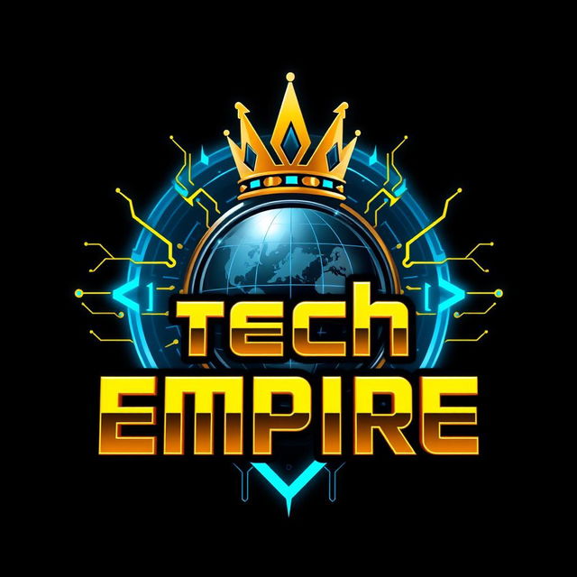 A futuristic, tech-inspired logo for 'Future Tech Empire' that conveys innovation, dominance, and a forward-thinking approach