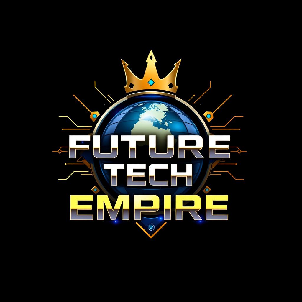 A futuristic, tech-inspired logo for 'Future Tech Empire' that conveys innovation, dominance, and a forward-thinking approach