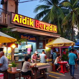 A vibrant street scene featuring a traditional Malaysian Warung selling Roti Canai, with colorful signage reading 'Adik Beradik'