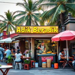 A vibrant street scene featuring a traditional Malaysian Warung selling Roti Canai, with colorful signage reading 'Adik Beradik'