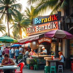 A vibrant street scene featuring a traditional Malaysian Warung selling Roti Canai, with colorful signage reading 'Adik Beradik'