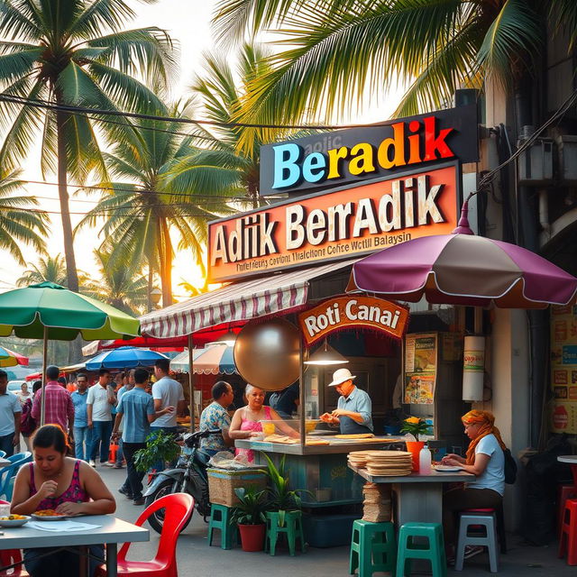 A vibrant street scene featuring a traditional Malaysian Warung selling Roti Canai, with colorful signage reading 'Adik Beradik'