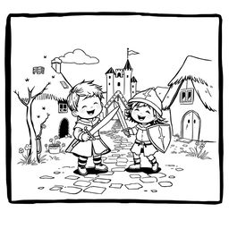 A whimsical black and white illustration depicting two children playing joyfully in a medieval setting
